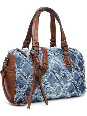 Women's Denim Blue Leather Zipper Top Handle Totes Satchel Hobo Handbags